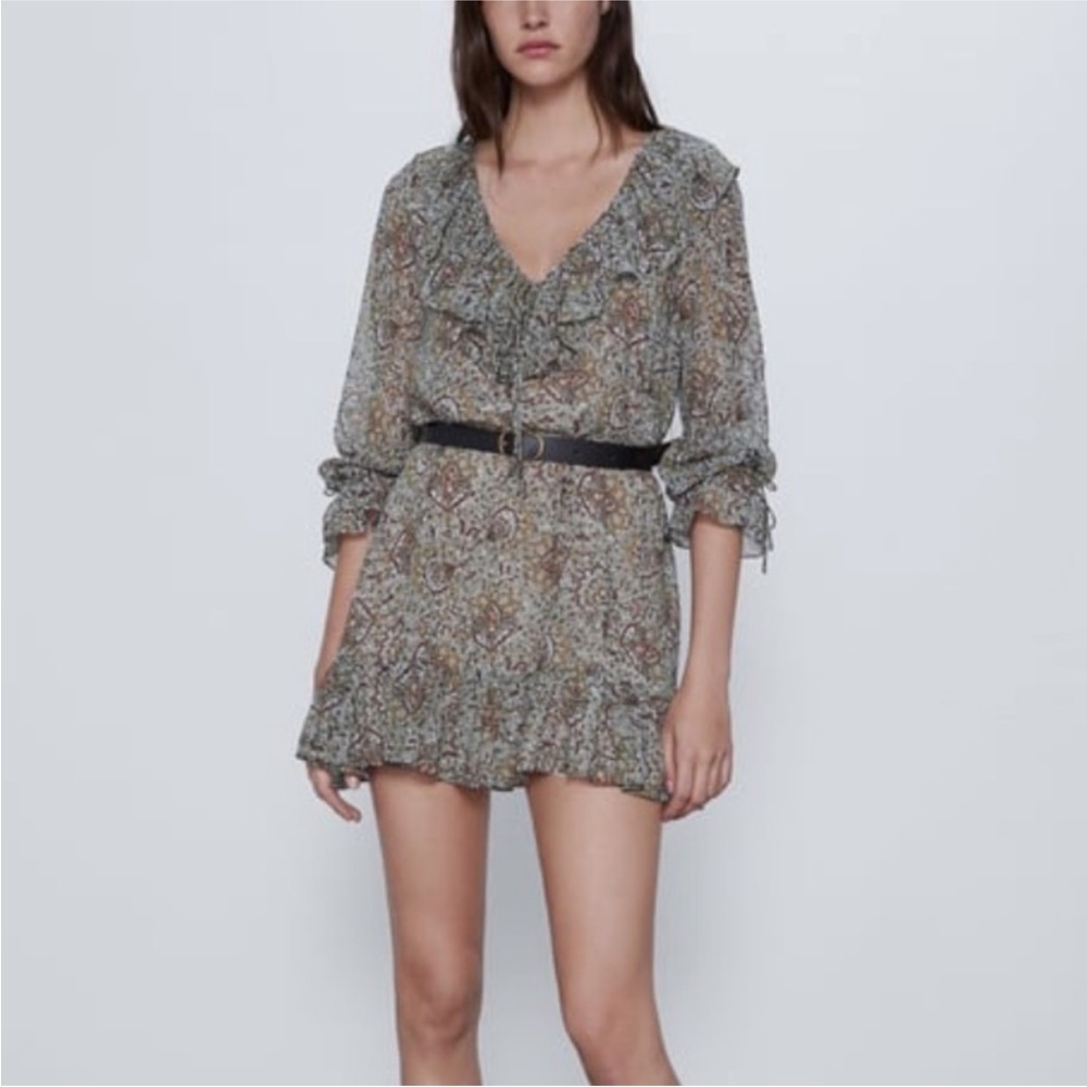 Zara Green and Brown Ruffled Tiered Sundress